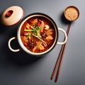 exclusive spicy pot with chopsticks served in a pot, isolated on the table - top view of Taiwanese culinary delight