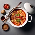 exclusive spicy pot with chopsticks served in a pot, isolated on the table - top view of Taiwanese culinary delight