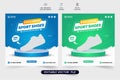 Exclusive sports shoe business template design with blue and green backgrounds. Modern shoe business promotional web banner vector