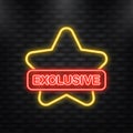 Exclusive with star neon icon. Flat ribbon banner on yellow backdrop. Sale offer price sign. Discount promotion Royalty Free Stock Photo