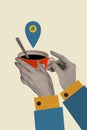 Exclusive vertical placard collage of hands hold mug hot coffee arabica robusta espresso at home geolocation isolated on