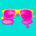 Exclusive yellow hipster sunglasses on blue background.