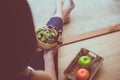 Excretory good system concept,Woman hands holding and eating healthy salad for breakfast in the morning Royalty Free Stock Photo