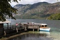 Excursion boat in nature scenery, Lake Bohinjsko jezero, Bohinj, Slovenia