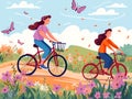 The Excursion - A Cartoon Of Two Women Riding Bicycles