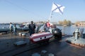 Kronstadt, Russia, October 2018. Excursion on the deck of the destroyer in the bay of the city. Royalty Free Stock Photo