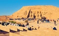 Excursion guide informs tourists about the creation and relocation beautiful Temple complex of Abu Simbel in Egypt