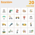 Excursions icon set. Collection of simple elements such as the old city ruins, museum, aquapark, atvs, balloons, jeep