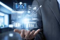 Executive analyzing growth data on a futuristic financial display. Royalty Free Stock Photo