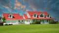 Canada Farmhouse Home House Front Exterior Red Roof Cloudy Sunset Sky Background