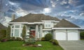 Home House Exterior Luxury Residential Dramatic Cloudy Sky Background