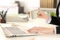 Executive hands holding coffee using laptop at office Royalty Free Stock Photo
