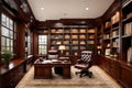 An executive home office with custom mahogany built-ins,