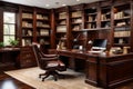 An executive home office with custom mahogany built-ins, a spacious executive desk,