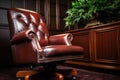 executive leather chair positioned in an opulent corner office