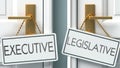 Executive and legislative as a choice - pictured as words Executive, legislative on doors to show that Executive and legislative