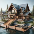 Executive Lodge Lakehouse Wilderness Fishing Chalet Home Exterior Wooden House Construction AI Generated