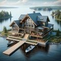 Executive Lodge Lakehouse Wilderness Fishing Chalet Home Exterior Wooden House Construction AI Generated