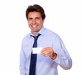 Executive man holding up his blank business card Royalty Free Stock Photo