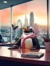 An executive penguin in his office.