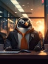 An executive penguin in his office.