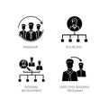 Executive search black glyph icons set on white space. Manager, sourcing, internal recruitment and employee referral