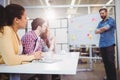 Executive standing in front of colleagues in meeting room at creative office