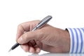 Hand holding or writing ballpoint pen, white background, side view Royalty Free Stock Photo