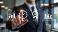 Businessman touching digital icons representing efficiency speed quality and cost reduction demonstrating business optimization Royalty Free Stock Photo