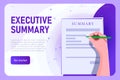 Executive summary illustration concept, landing page template. Hand with pen signing the contract, hiring concept