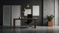 executive workplace with wooden desk office chair and clean paintings on concrete wall Royalty Free Stock Photo