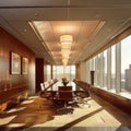 Modern Corporate Boardroom with Large Windows and Elegant Lighting in a High-Rise Office Building Royalty Free Stock Photo
