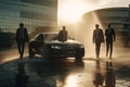 Executives Exiting Luxury Car at Modern Office Building
