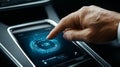 Executives Hand Activating Futuristic Glowing Control Panel, Symbolizing Innovation and Technology Royalty Free Stock Photo