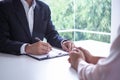 Executives are interviewing candidates. Focusing on resume writing tips, applicant qualifications, interview skills and pre- Royalty Free Stock Photo