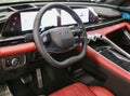 EXEED RX steering wheel and dashboard. Beige leather car interior. Vehicle interior SUV car. Modern car interior.