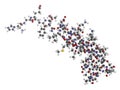 Exenatide diabetes drug molecule. 3D rendering. Atoms are represented as spheres with conventional color coding: hydrogen (white