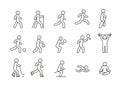 Exercise, active leisure and sport with ball, line icon set. People play in basketball, football, soccer, tennis