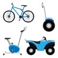 Exercise bike and bicycle, all-terrain vehicle, two wheeled segway isolated