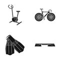 Exercise bike, bicycle, fins for swimming, fitness bench. Sport set collection icons in black style vector symbol stock