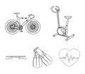 Exercise bike, bicycle, fins for swimming, fitness bench. Sport set collection icons in outline style vector symbol