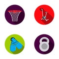 Exercise bike with a counter, fins for swimming, a weight, a basketball basket. Sport set collection icons in flat style Royalty Free Stock Photo