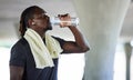 Exercise, black man and water bottle for workout, fitness and training for health, wellness and outdoor. Athlete