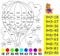 Exercise for children with multiplication by nine - need to paint image in relevant color. Royalty Free Stock Photo