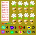 Exercise for children with multiplication by two - need to paint the flowers in relevant color. Royalty Free Stock Photo