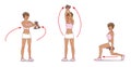 Exercise with dumbbells. Girl with short hair wearing shorts and t-shirt doing exercises with dumbbells: waving her arms and lunge