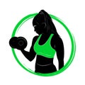 Exercise with dumbbells. Logo. Woman in training. Fitness. Dumbbells. Silhouette. Sport. GYM. Bodybuilding Royalty Free Stock Photo