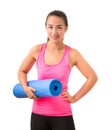 Exercise fitness woman ready for workout standing holding yoga m Royalty Free Stock Photo