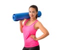 Exercise fitness woman ready for workout standing holding yoga m Royalty Free Stock Photo