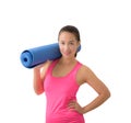 Exercise fitness woman ready for workout standing holding yoga m Royalty Free Stock Photo